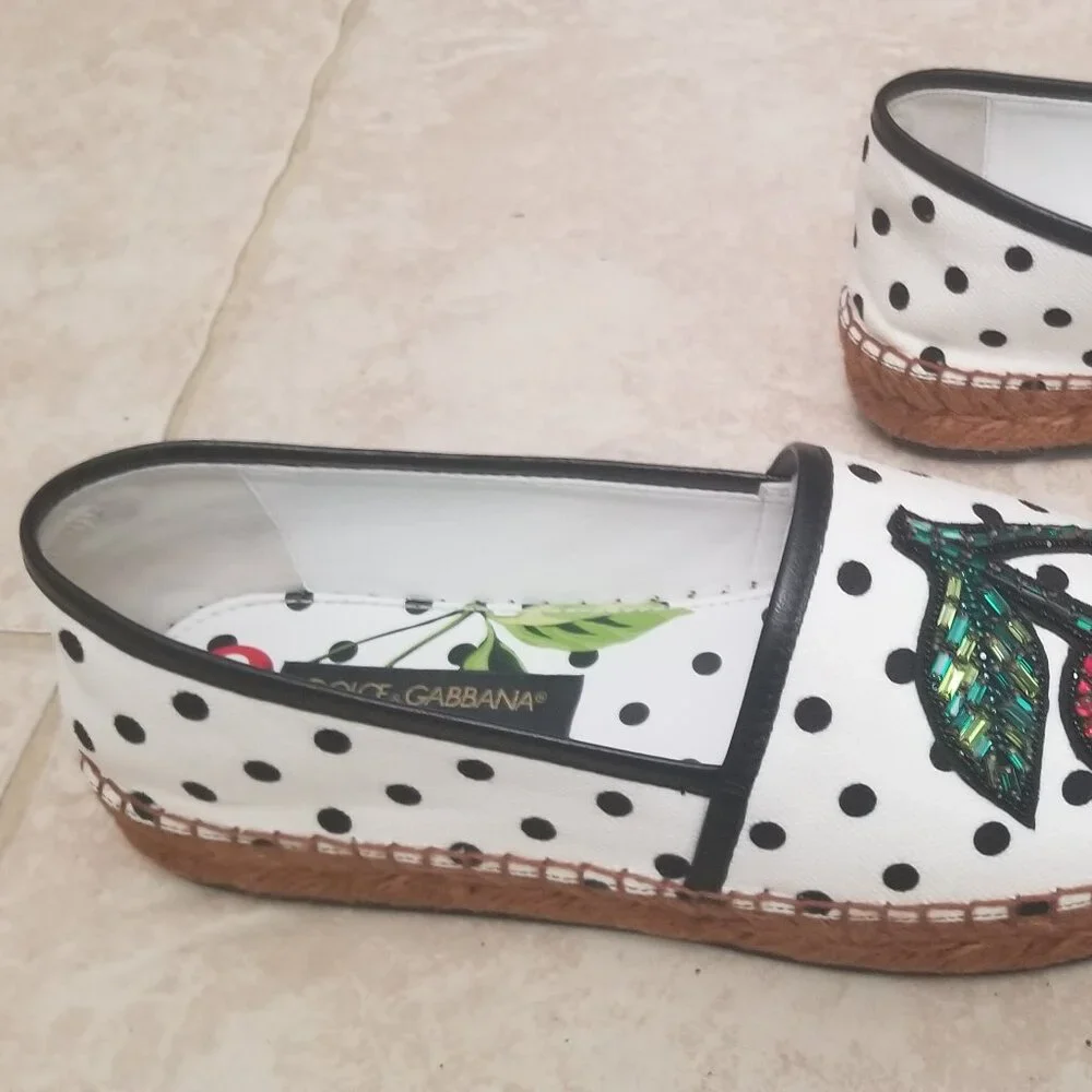 RARE EXCLUSIVE DOLCE & GABBANA CHERRY POLKA DOT EMBELLISHED ESPADRILLES FLATS